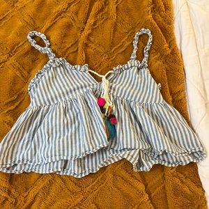 Zara trf blue and white striped tank - vibrant colorful Pom poms. still classic